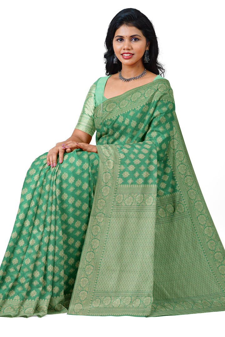 GREEN COLOUR BLENDED COTTON SADA BANARASI HANDLOOM SAREE - ATHARVA