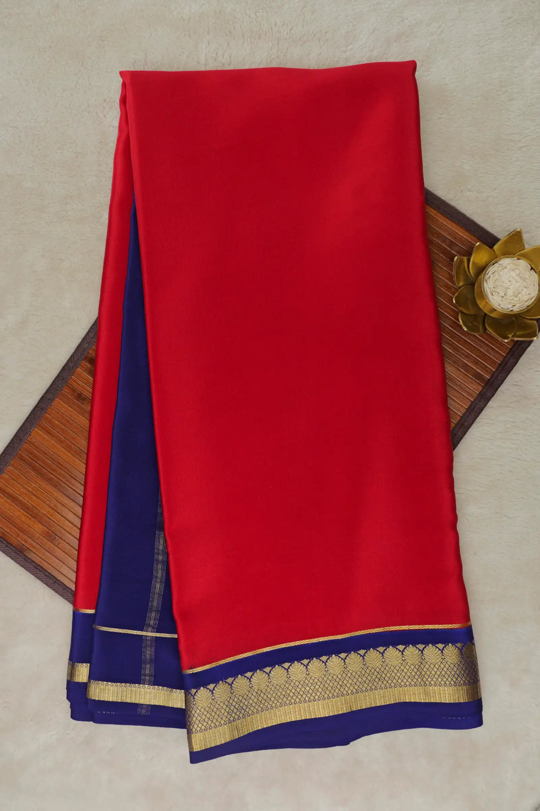 Leaf Border Pure Mysore Silk Saree in Red and Blue color