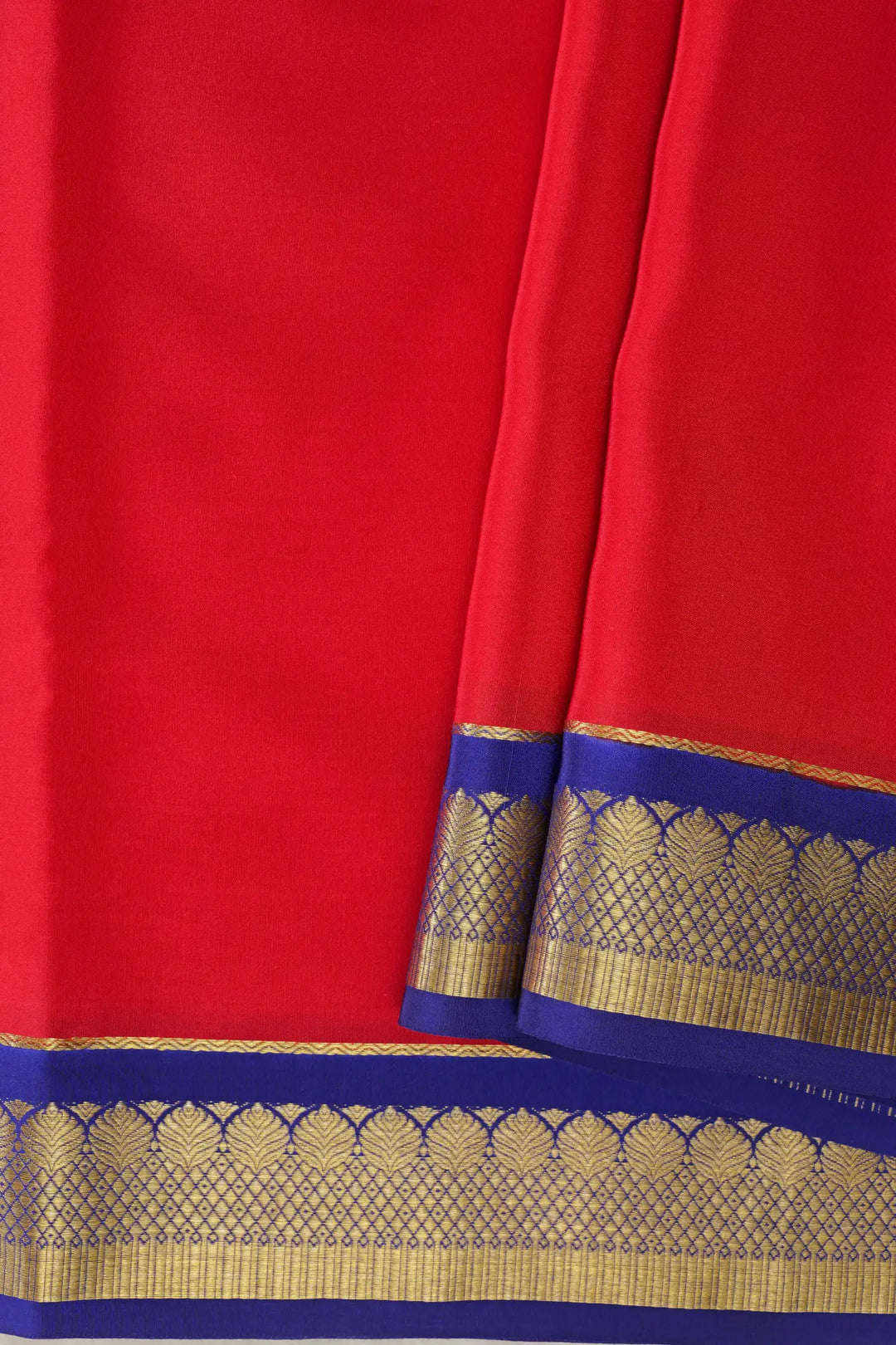 Leaf Border Pure Mysore Silk Saree in Red with contrast blue border