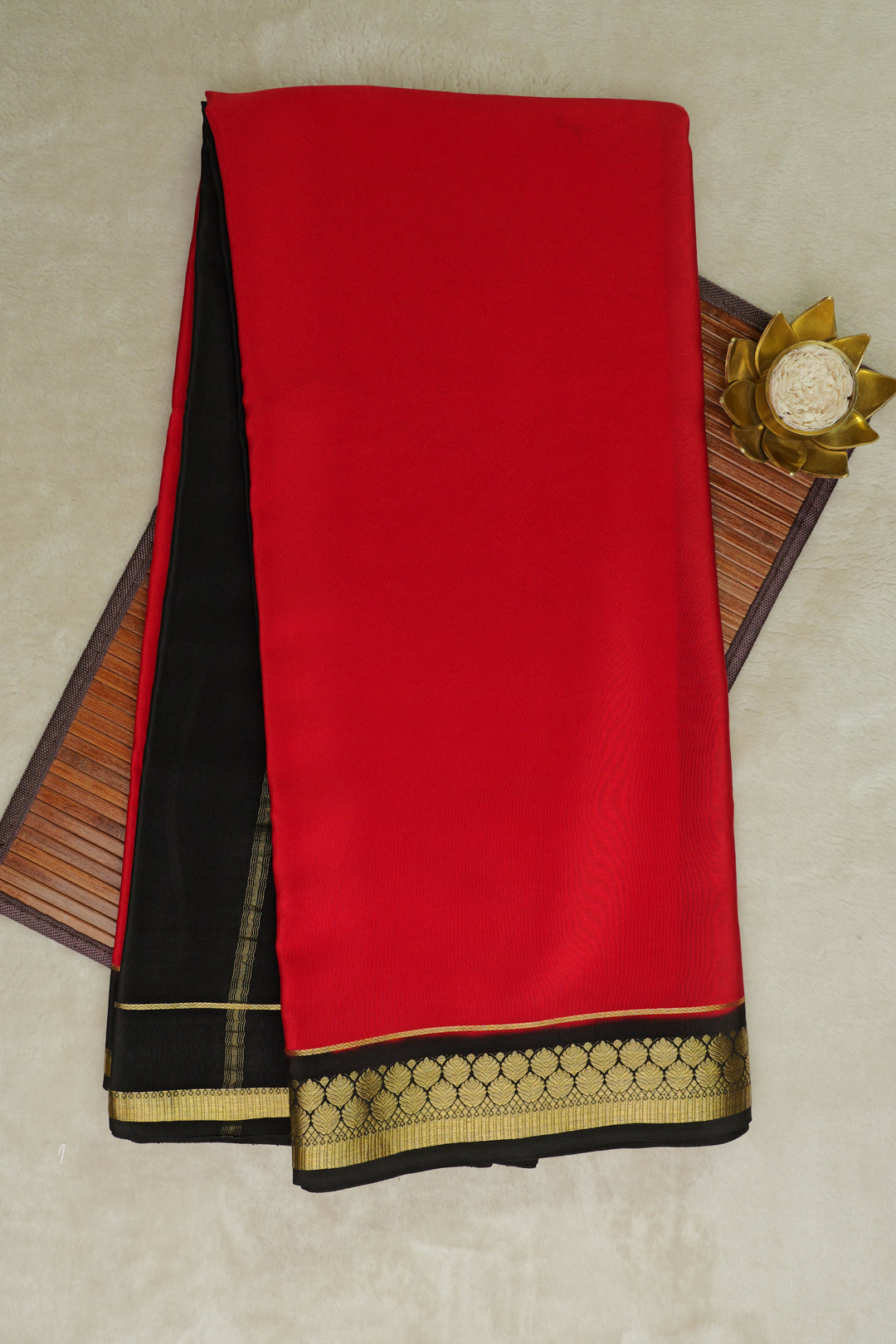 Leaf Bordered Mysore Silk Sarees in Red Color