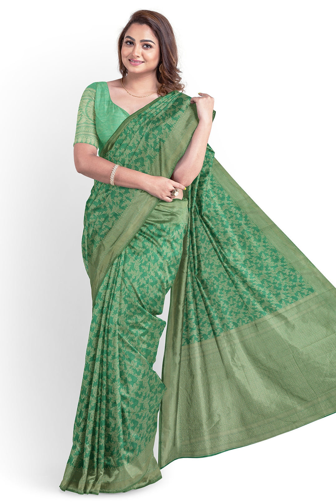 GREEN COLOUR BLENDED COTTON SADA BANARASI HANDLOOM SAREE - ATHARVA