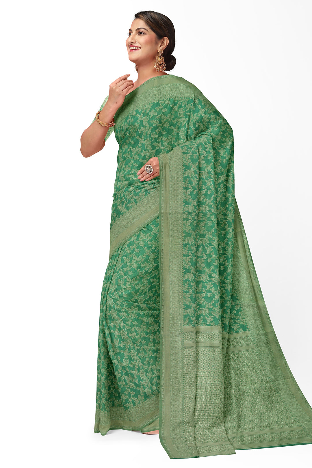 GREEN COLOUR BLENDED COTTON SADA BANARASI HANDLOOM SAREE - ATHARVA