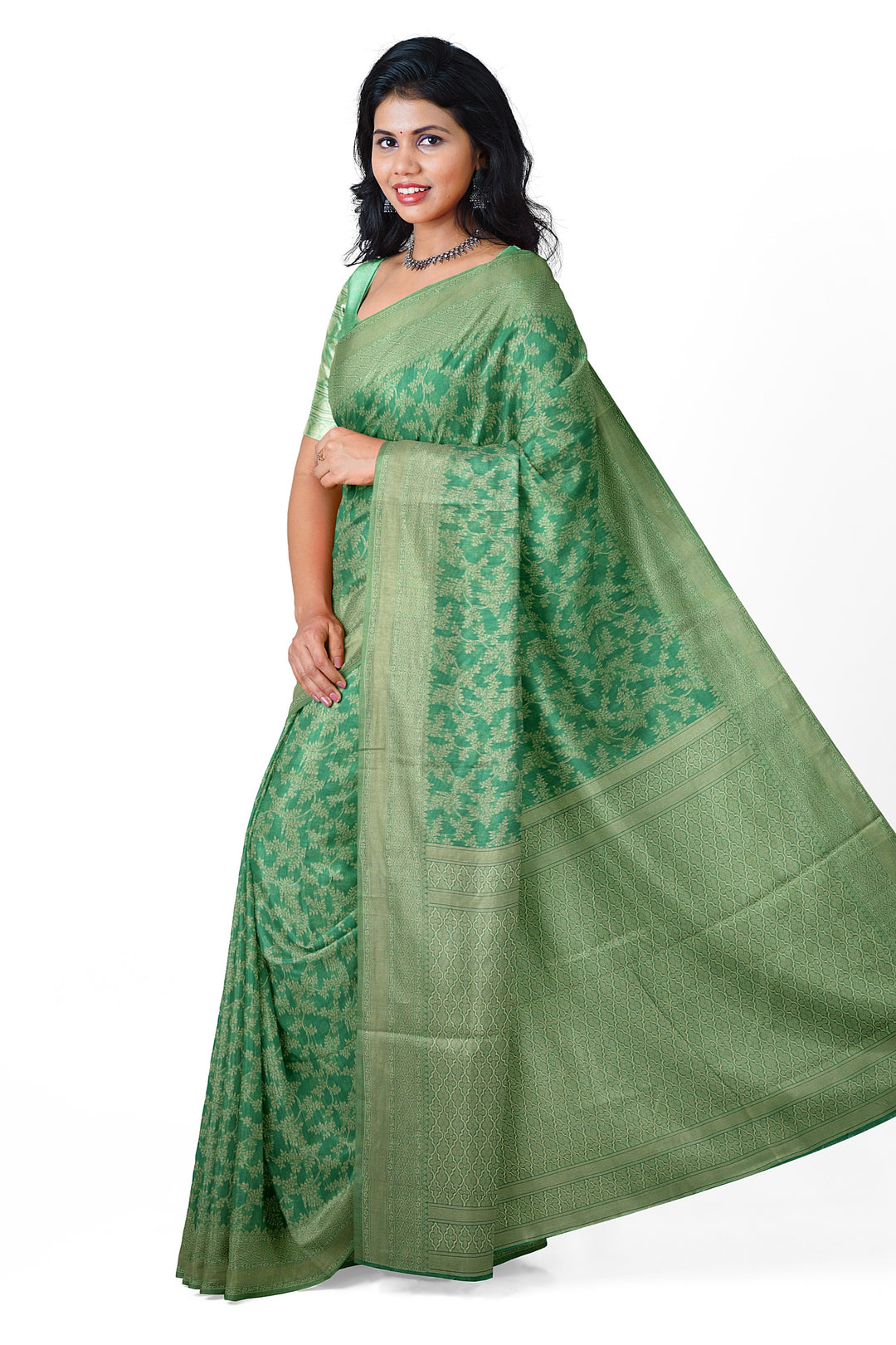 GREEN COLOUR BLENDED COTTON SADA BANARASI HANDLOOM SAREE