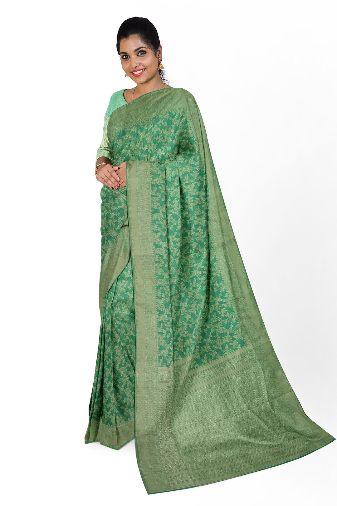 GREEN COLOUR BLENDED COTTON SADA BANARASI HANDLOOM SAREE - ATHARVA