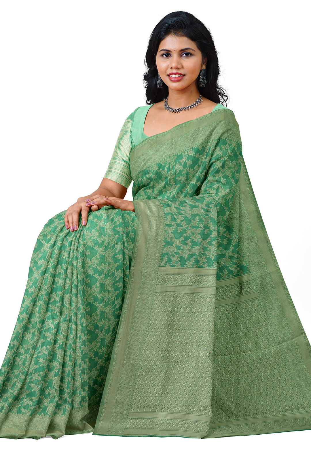 GREEN COLOUR BLENDED COTTON SADA BANARASI HANDLOOM SAREE