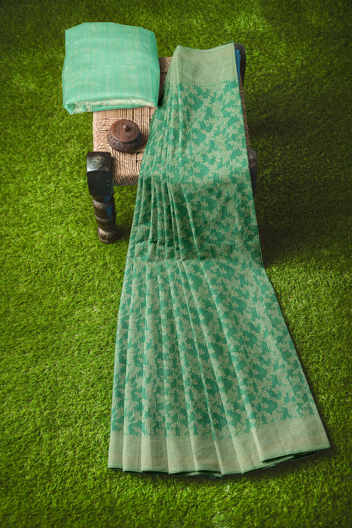 GREEN COLOUR BLENDED COTTON SADA BANARASI HANDLOOM SAREE