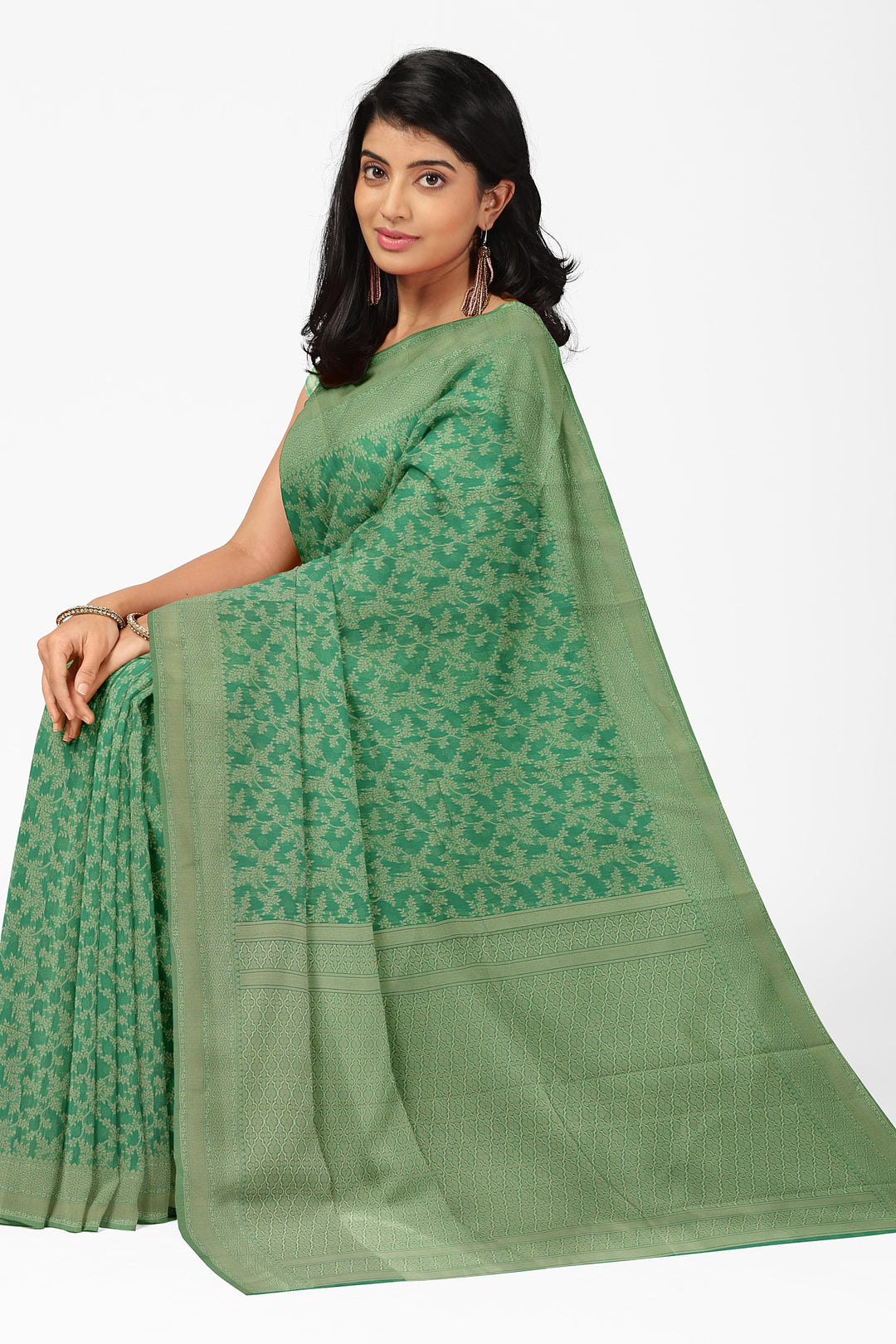 GREEN COLOUR BLENDED COTTON SADA BANARASI HANDLOOM SAREE