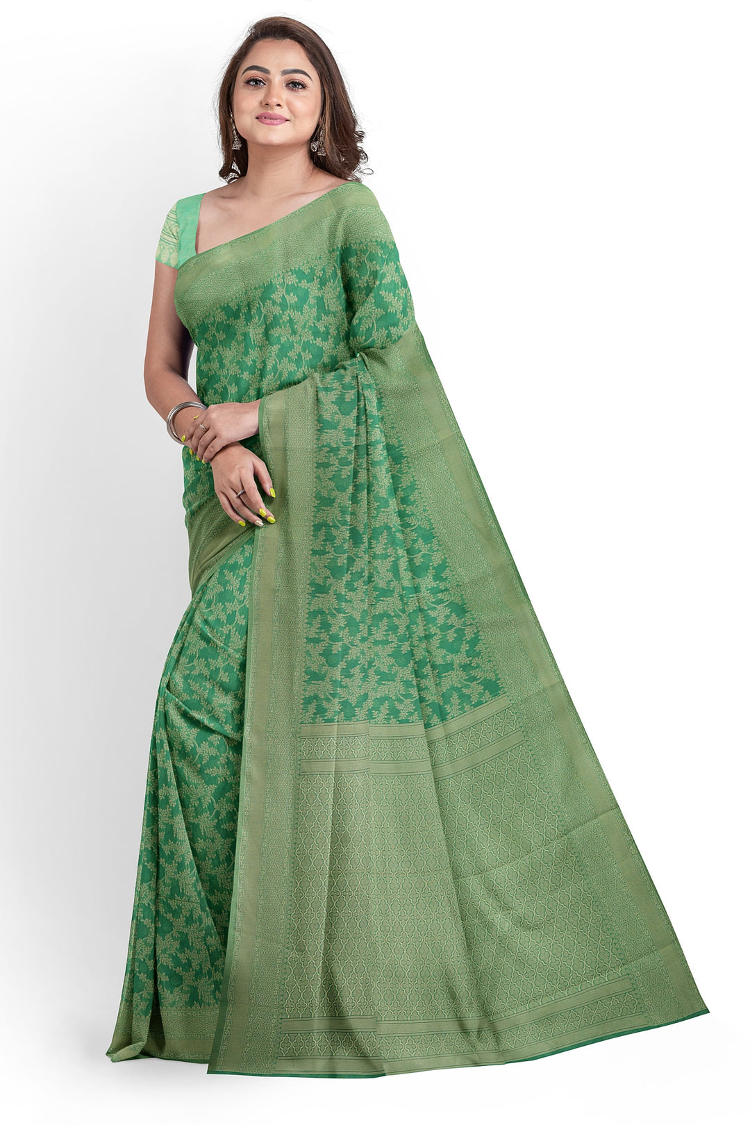 GREEN COLOUR BLENDED COTTON SADA BANARASI HANDLOOM SAREE