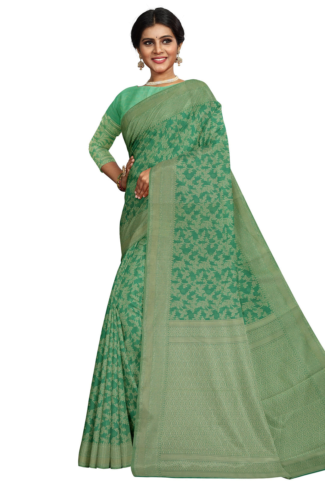 GREEN COLOUR BLENDED COTTON SADA BANARASI HANDLOOM SAREE - ATHARVA