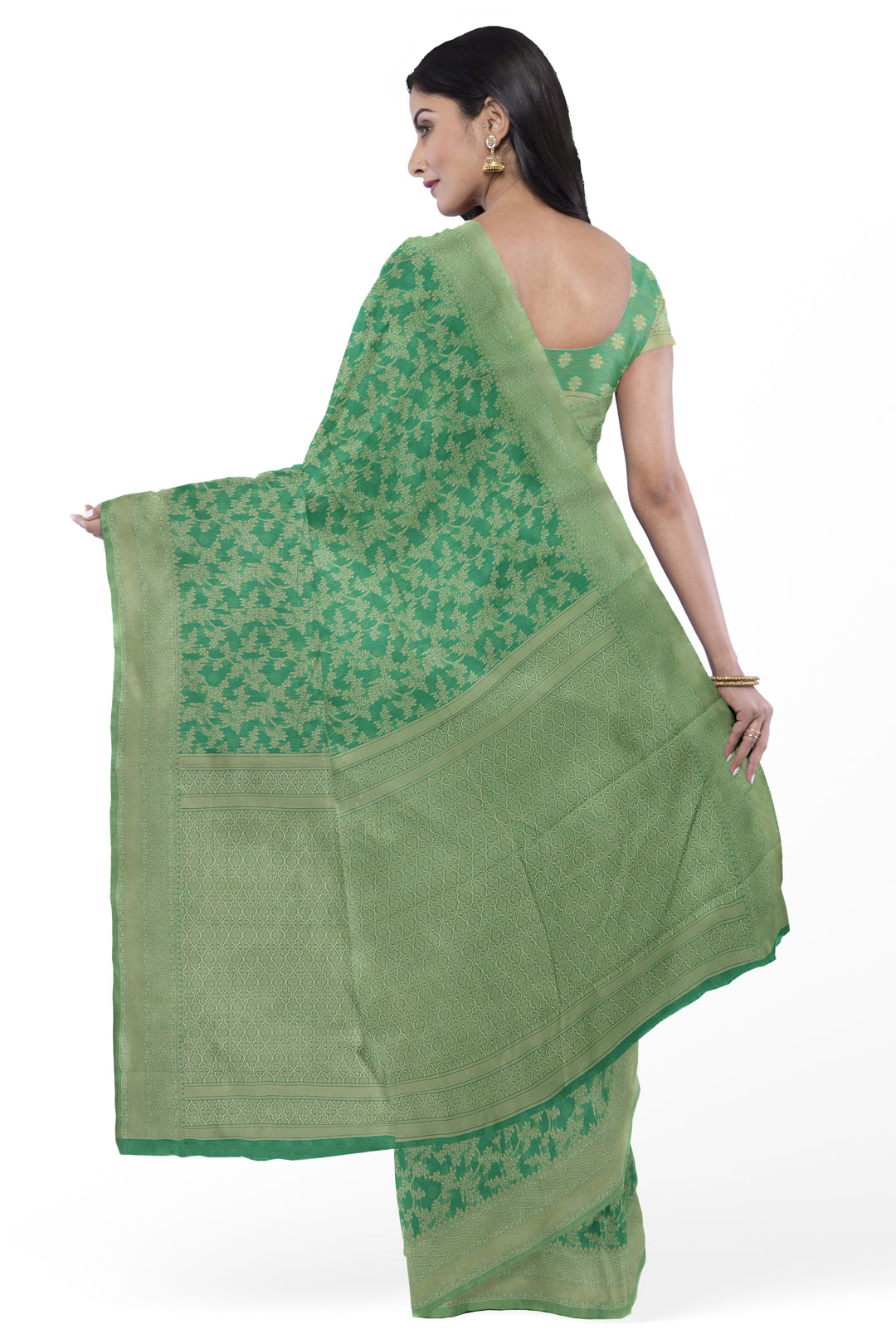 GREEN COLOUR BLENDED COTTON SADA BANARASI HANDLOOM SAREE - ATHARVA