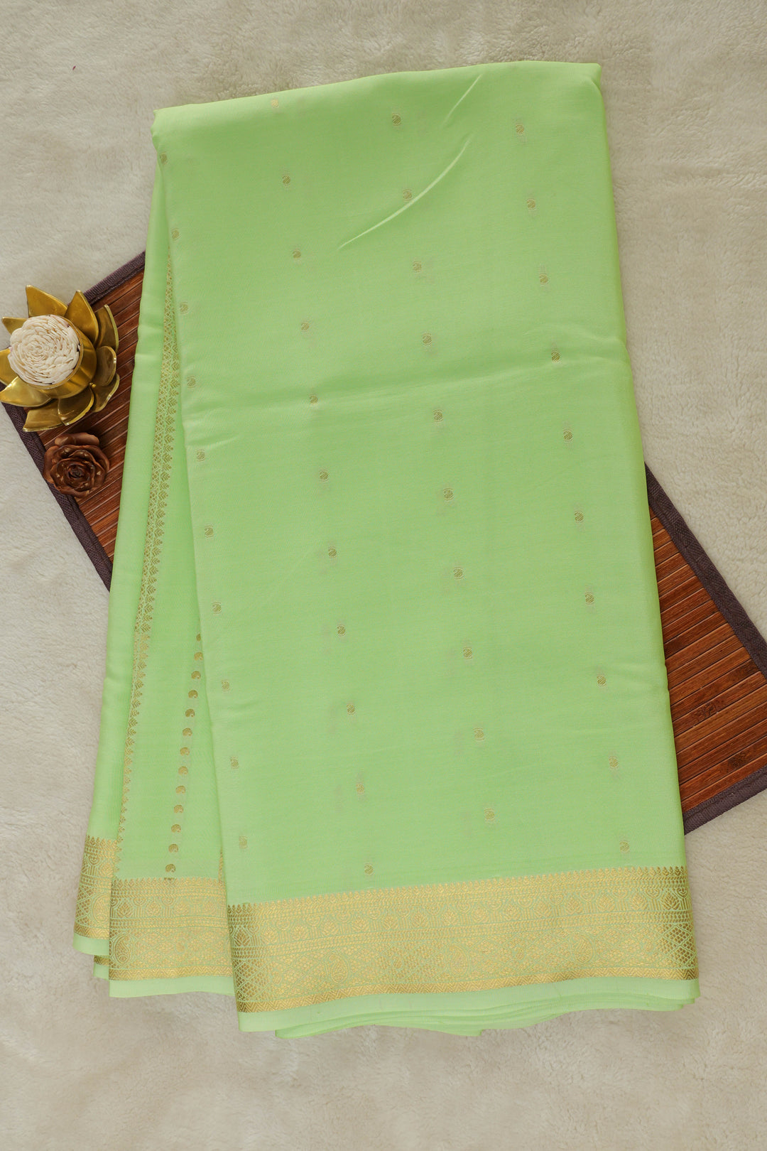 Light Green Mysore Silk Saree with gold embroidery border