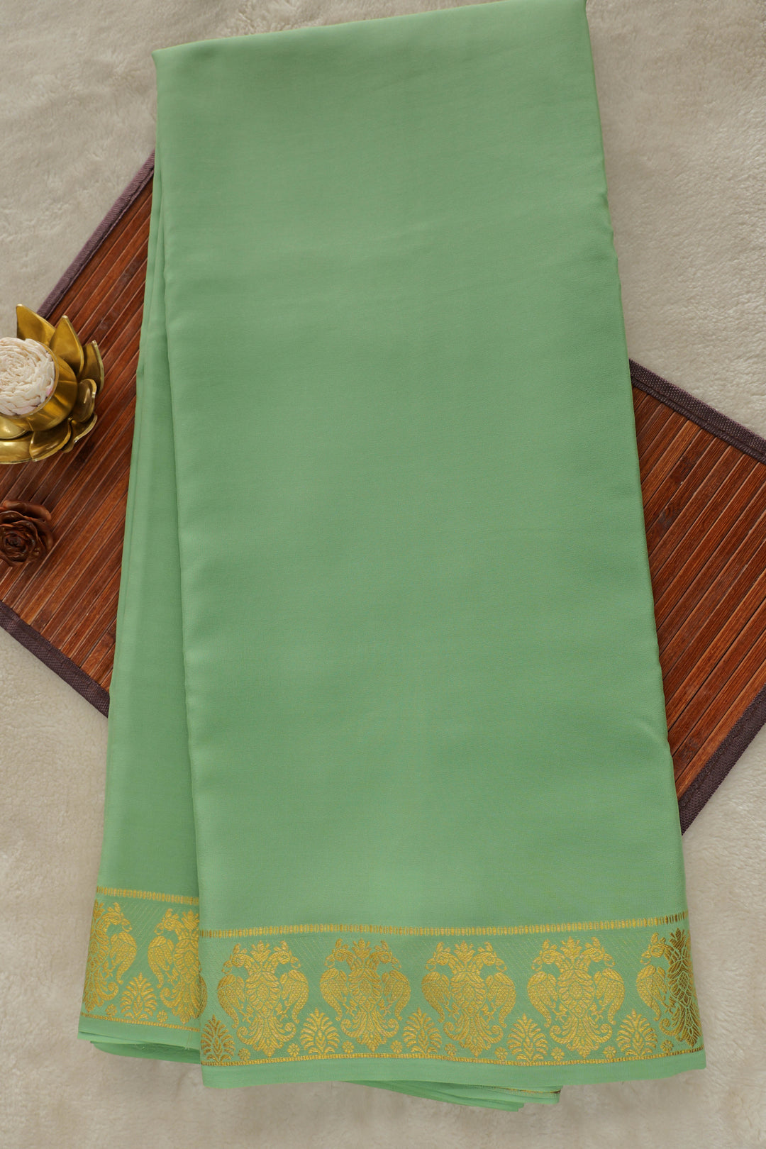 Light green Mysore silk saree with gold zari border
