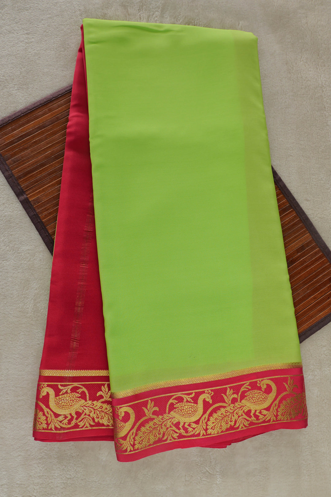 Light green Mysore silk saree with red border