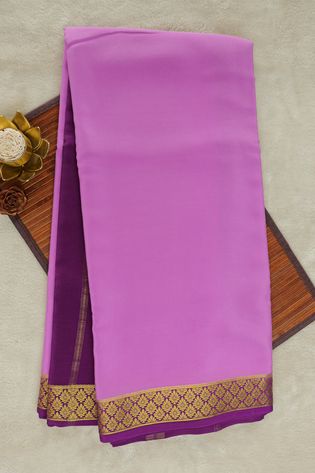 Light purple Mysore silk saree with elegant gold zari border