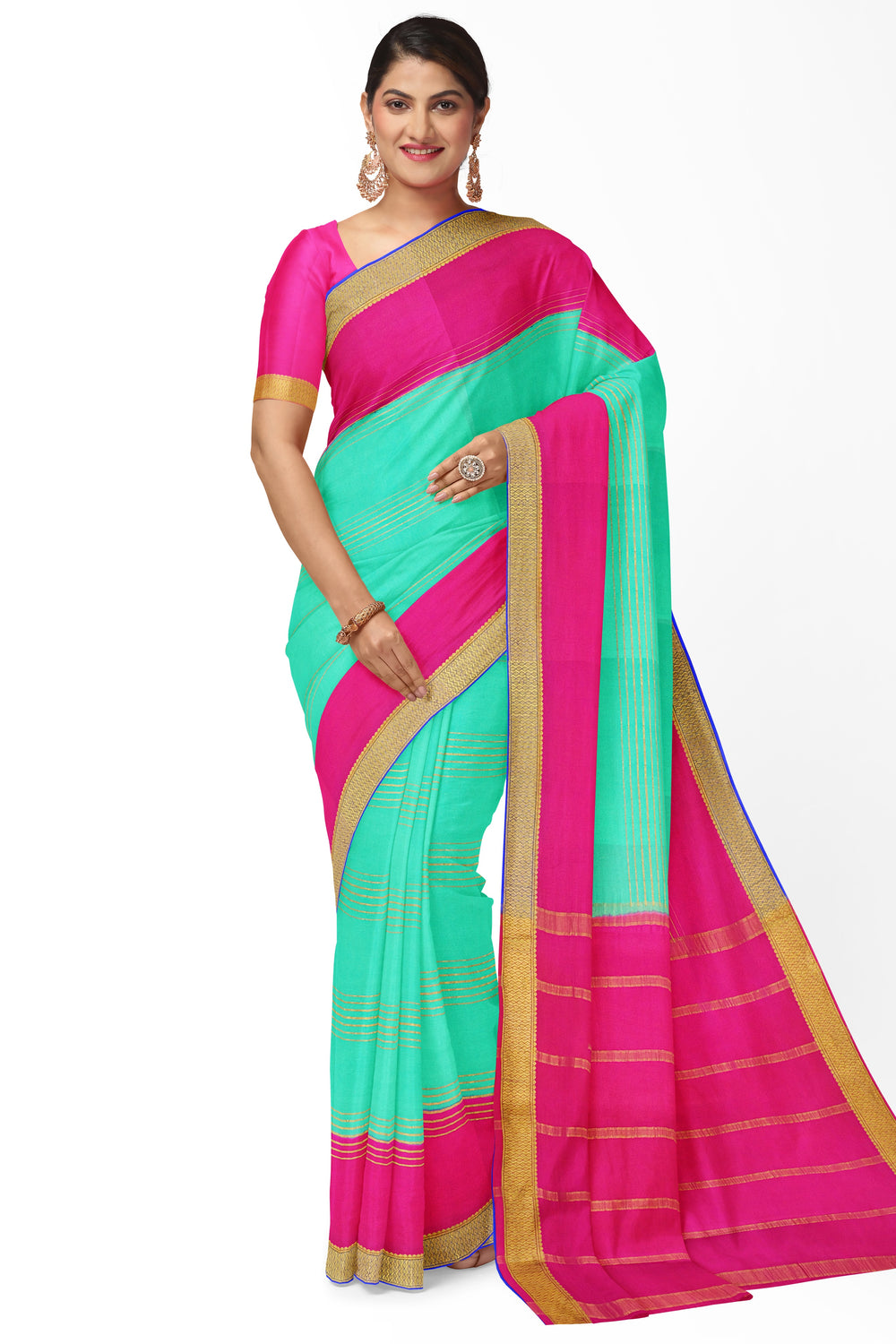 Aqua Green Pure Mysore Crepe Silk 3D Saree 