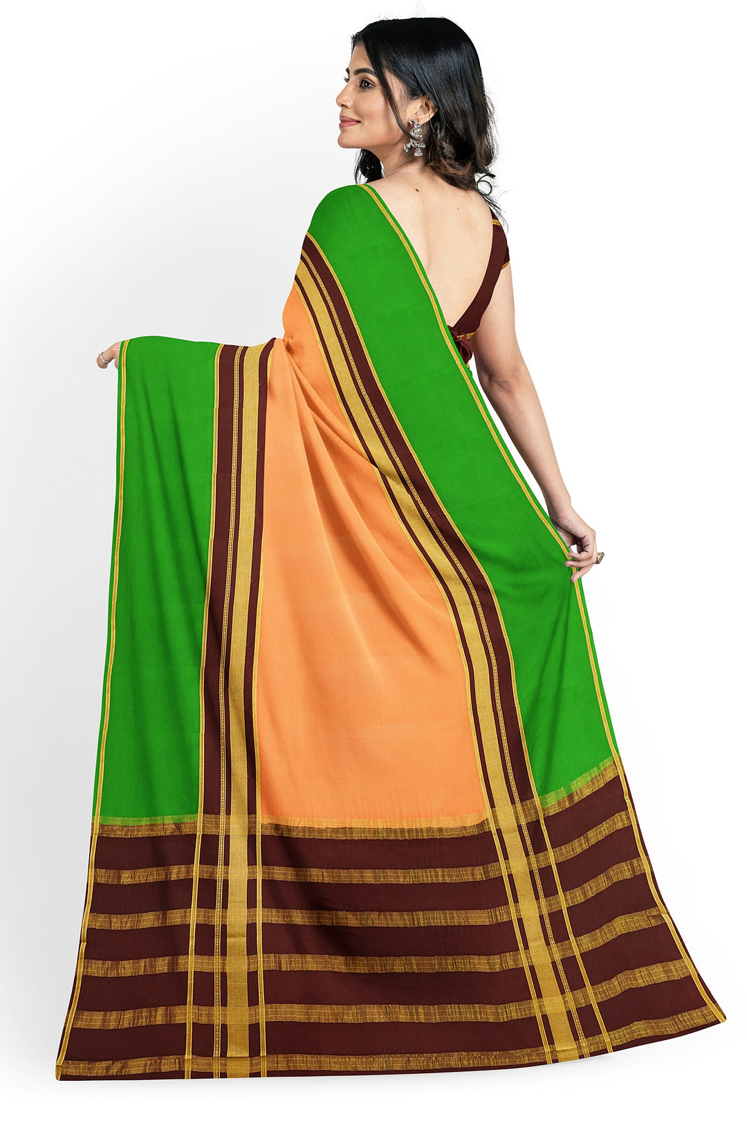 Peach Orange Pure Mysore Crepe Silk 3D Saree | SILK MARK CERTIFIED