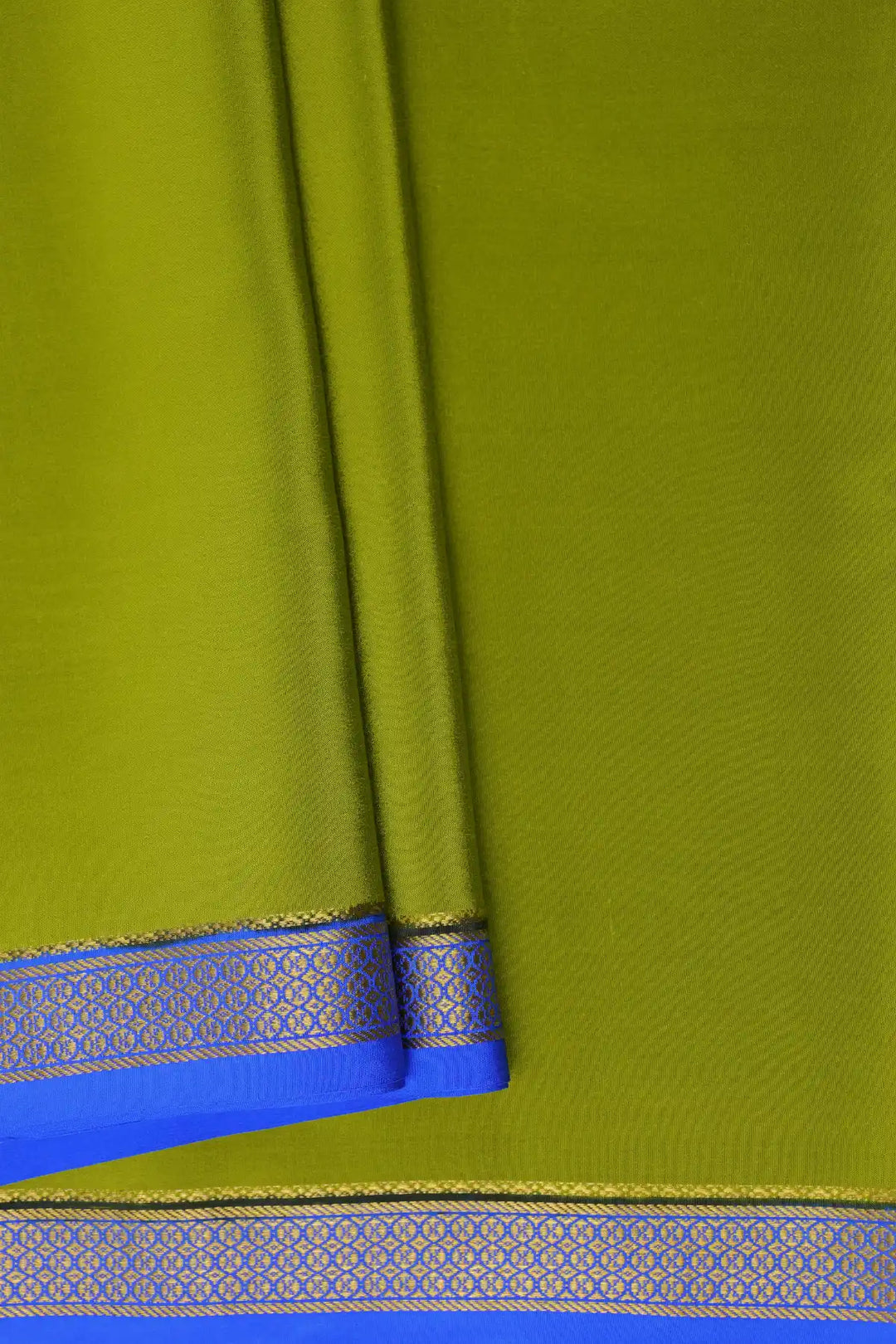 Lime green silk saree with royal blue contrast border