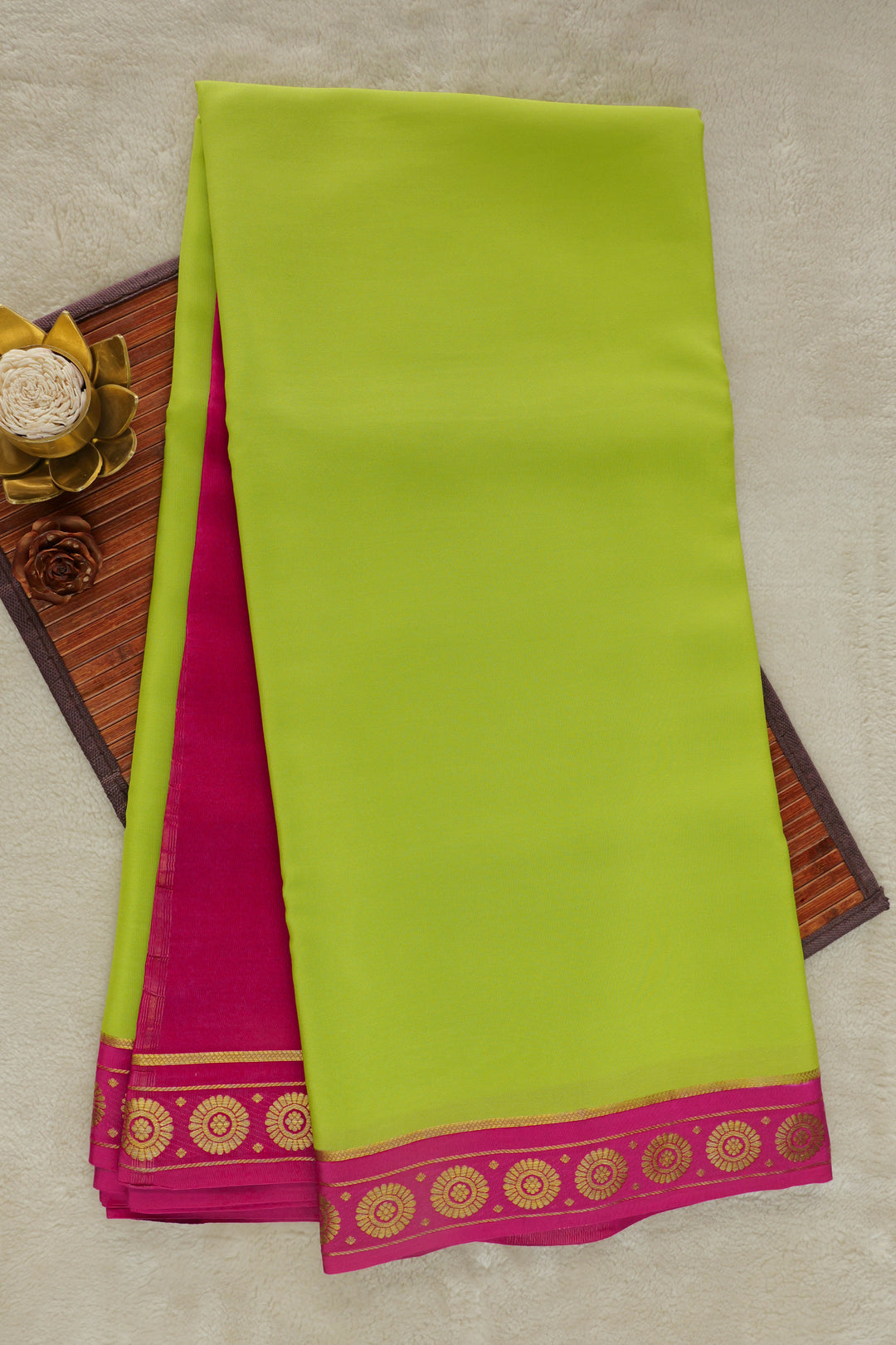 Lime yellow Mysore silk saree with contrast pink border