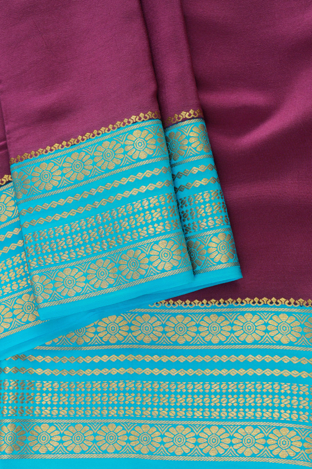 MAROON SAREE WITH BLUE AND GOLD BORDER IN MYSORE SILK SAREE