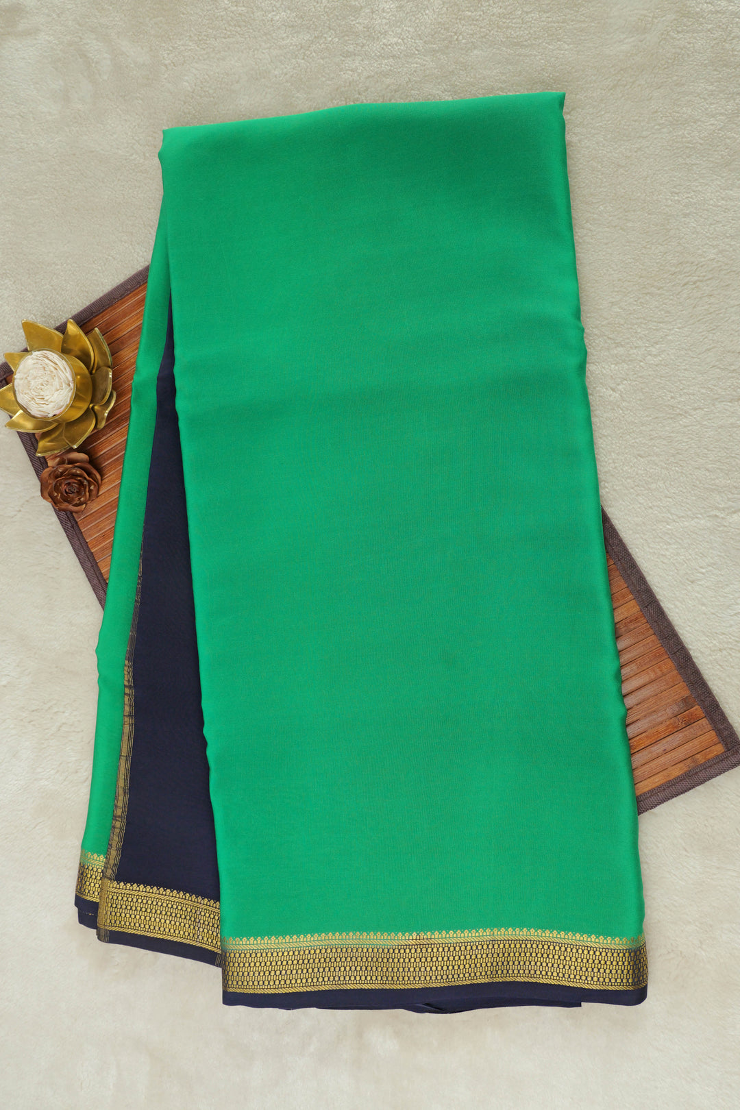 MYSORE SILK SAREES IN GREEN WITH NAVY BLUE AND GOLD BORDER