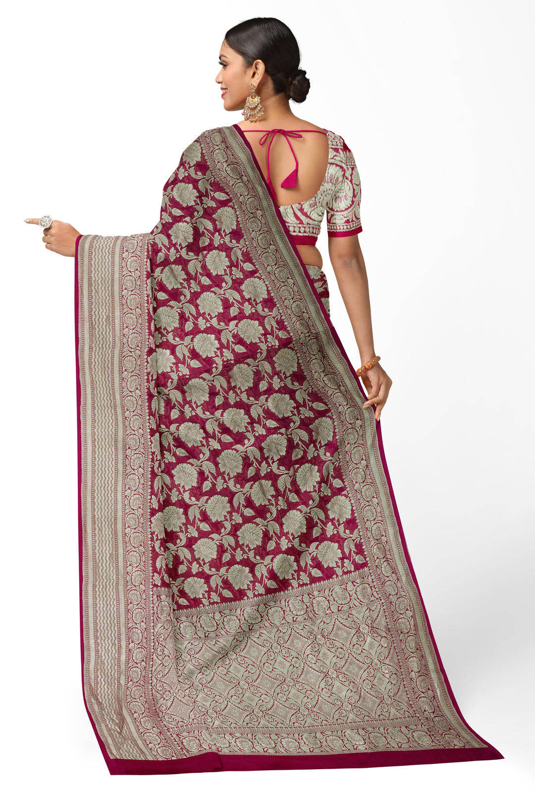 Dark Pink Meenakari Jaal Khaddi Georgette Handloom Banarasi Saree | SILK MARK CERTIFIED