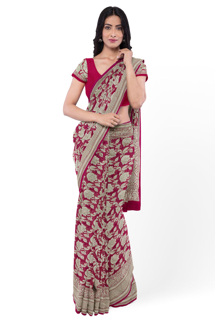 Dark Pink Meenakari Jaal Khaddi Georgette Handloom Banarasi Saree | SILK MARK CERTIFIED - ATHARVA