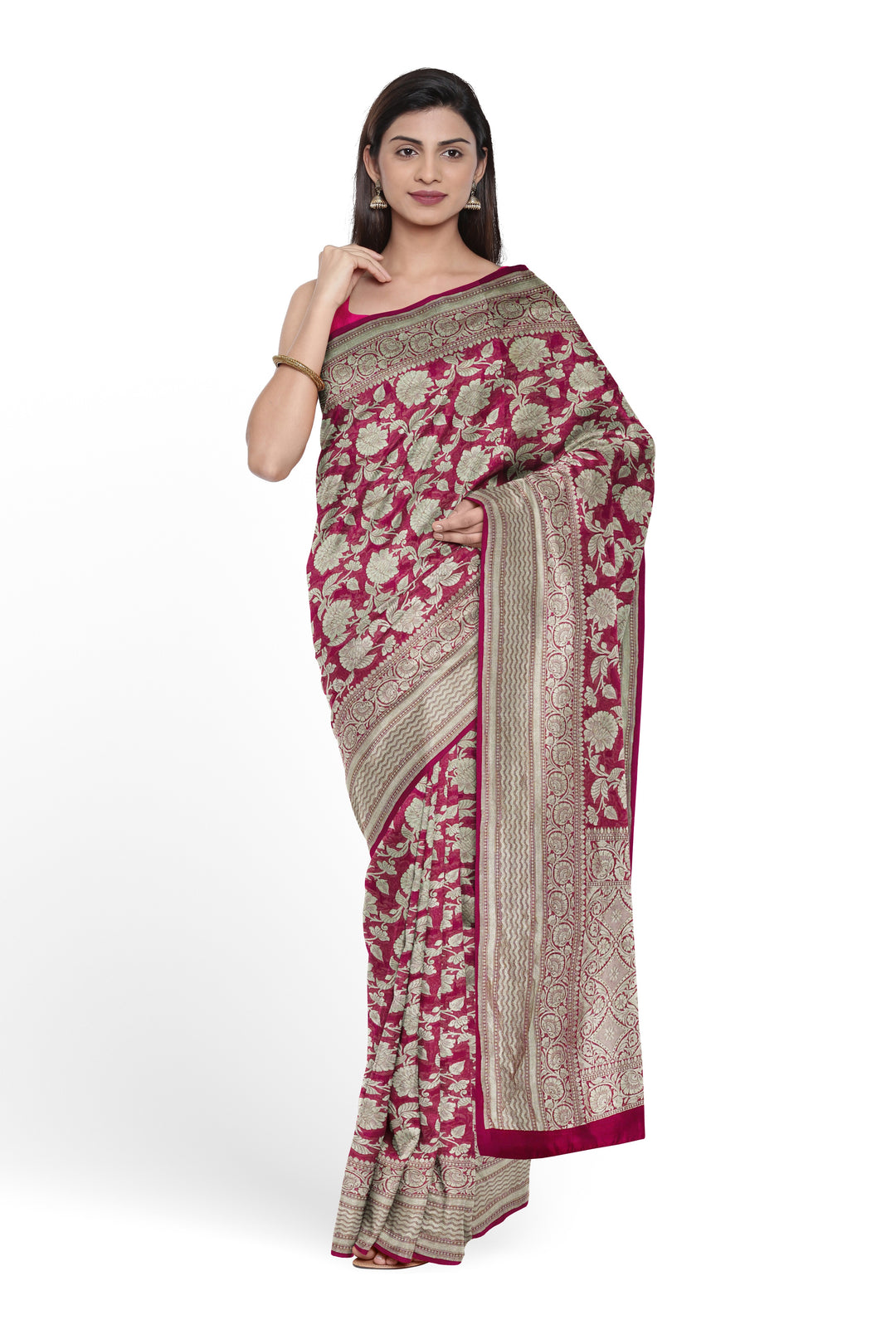 Dark Pink Meenakari Jaal Khaddi Georgette Handloom Banarasi Saree | SILK MARK CERTIFIED - ATHARVA