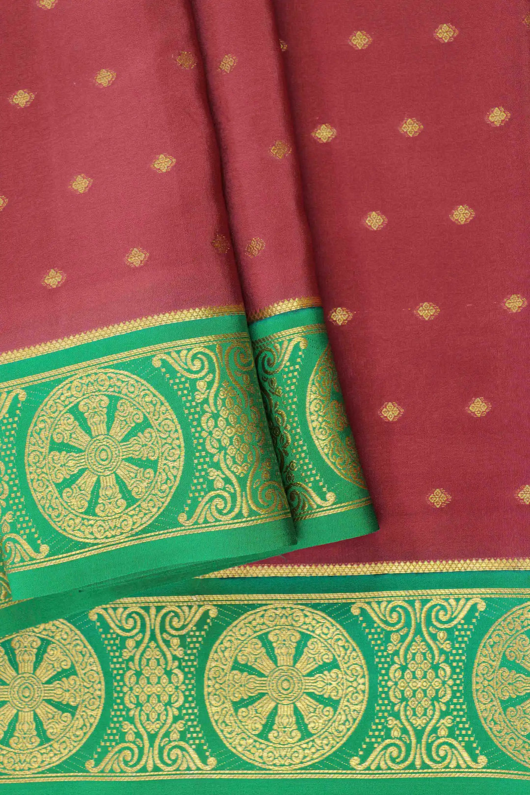 Maroon Mysore Silk Saree featuring green pallu, green blouse piece