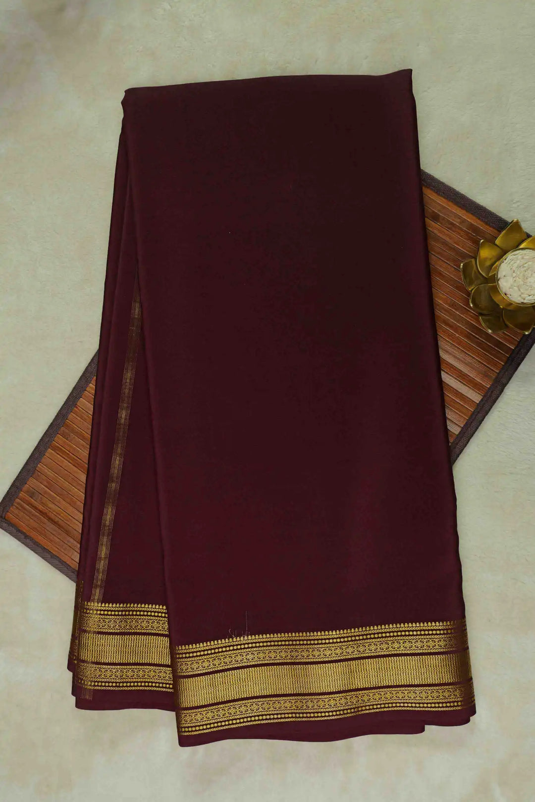 Maroon Mysore Silk Saree with golden zari border