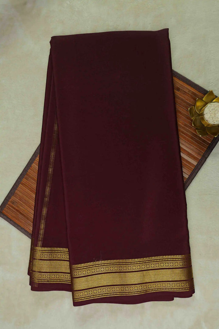 Maroon Mysore Silk Saree with golden zari border