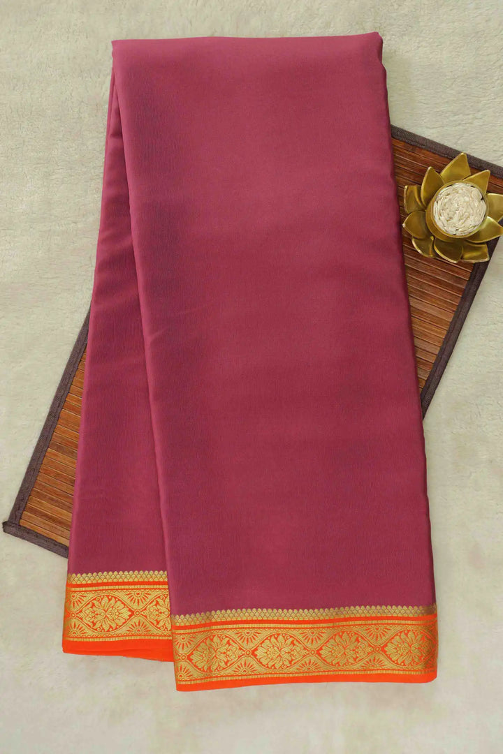 Maroon Mysore Silk Saree with orange-gold zari border