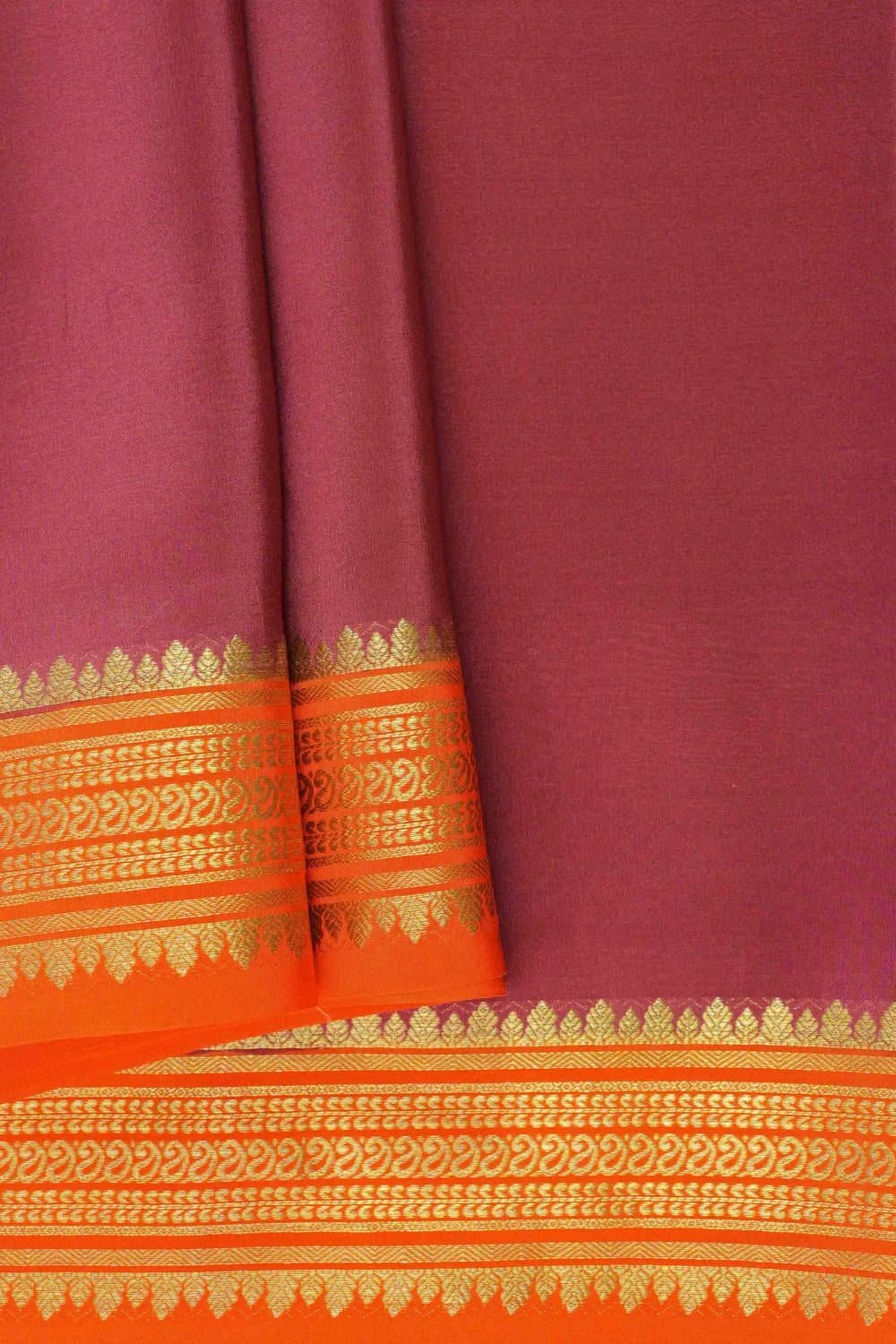  Maroon Mysore Silk Saree with orange contrast contrast border