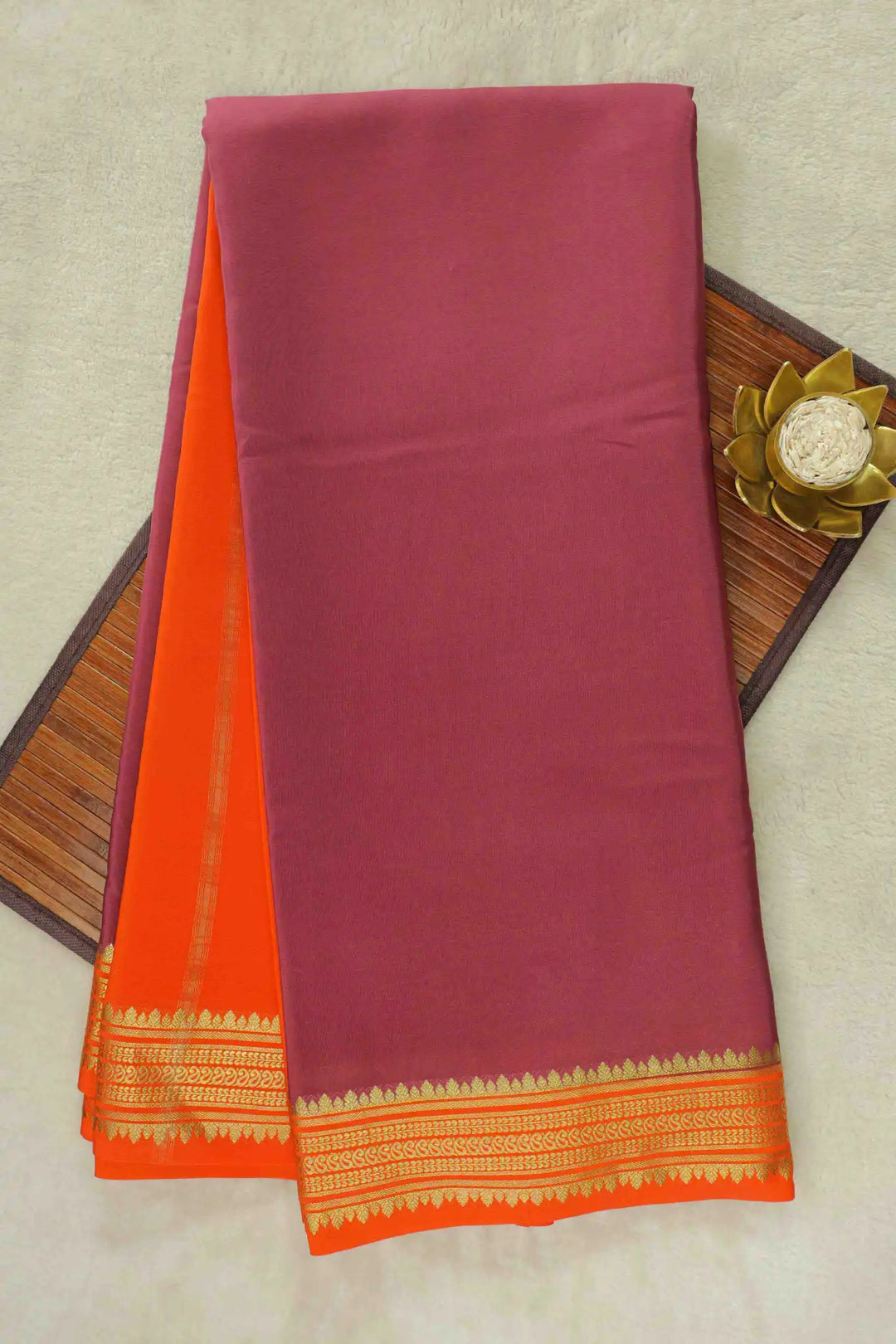 Maroon Mysore Silk Saree with orange gold woven border