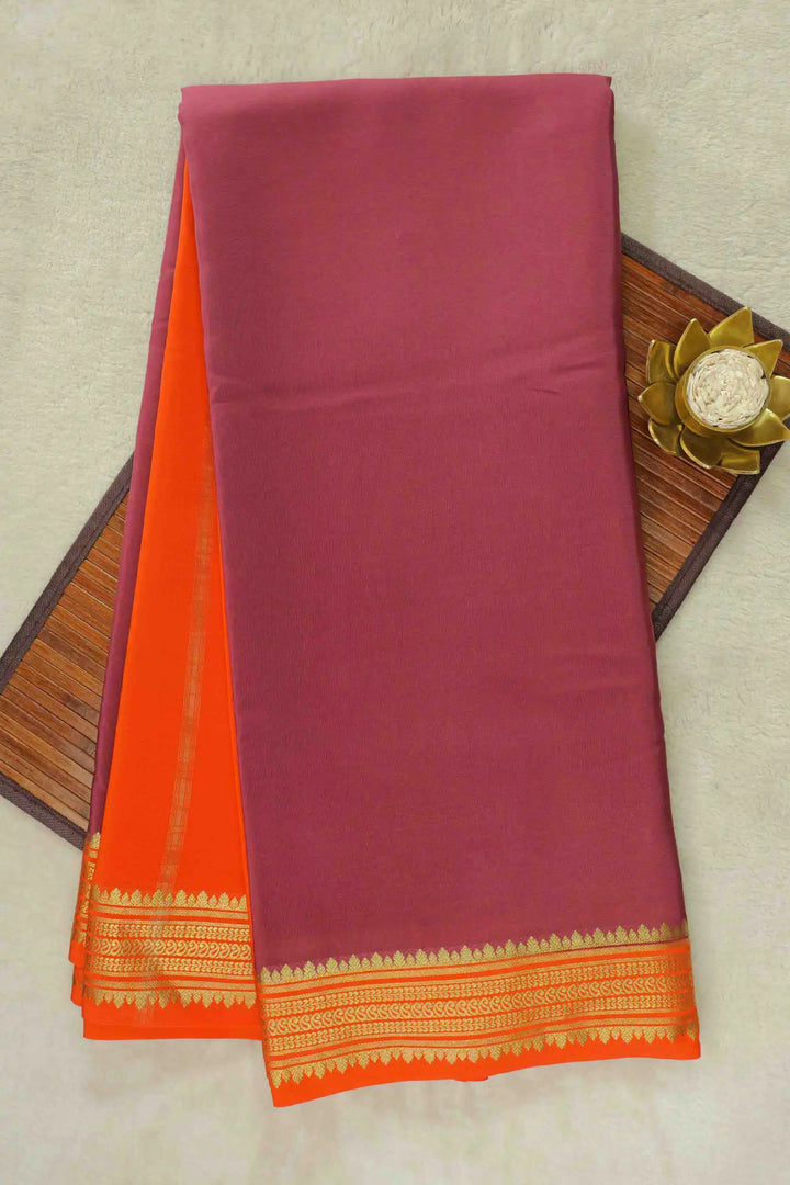 Maroon Mysore Silk Saree with orange gold woven border