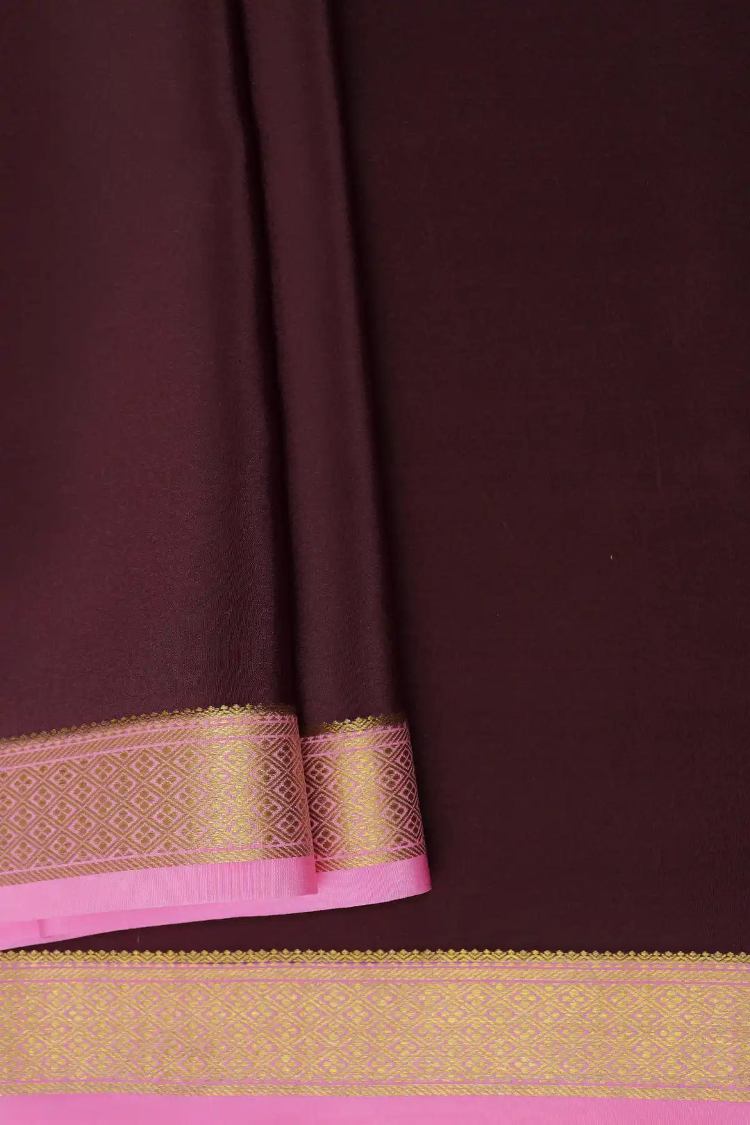 Maroon Mysore silk saree with pink pallu and gold zari border