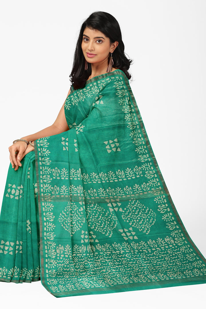 GREEN BLENDED COTTON SADA BANARASI HANDLOOM SAREE - ATHARVA