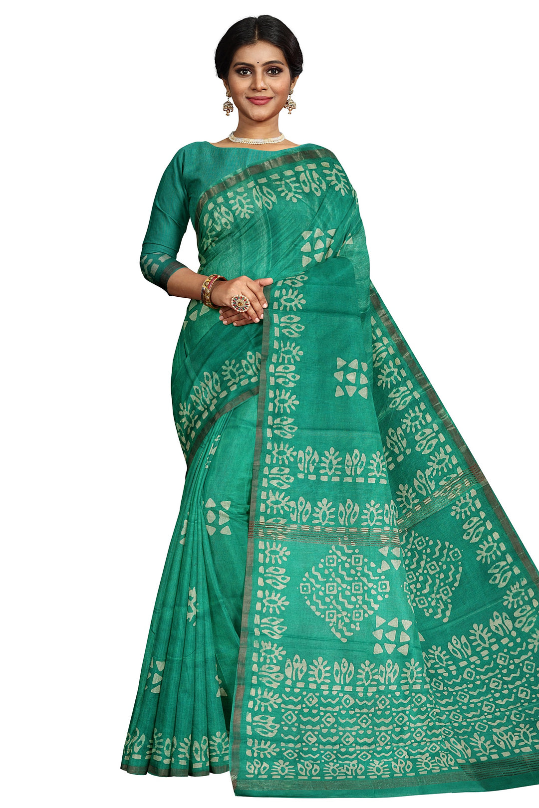 GREEN BLENDED COTTON SADA BANARASI HANDLOOM SAREE - ATHARVA