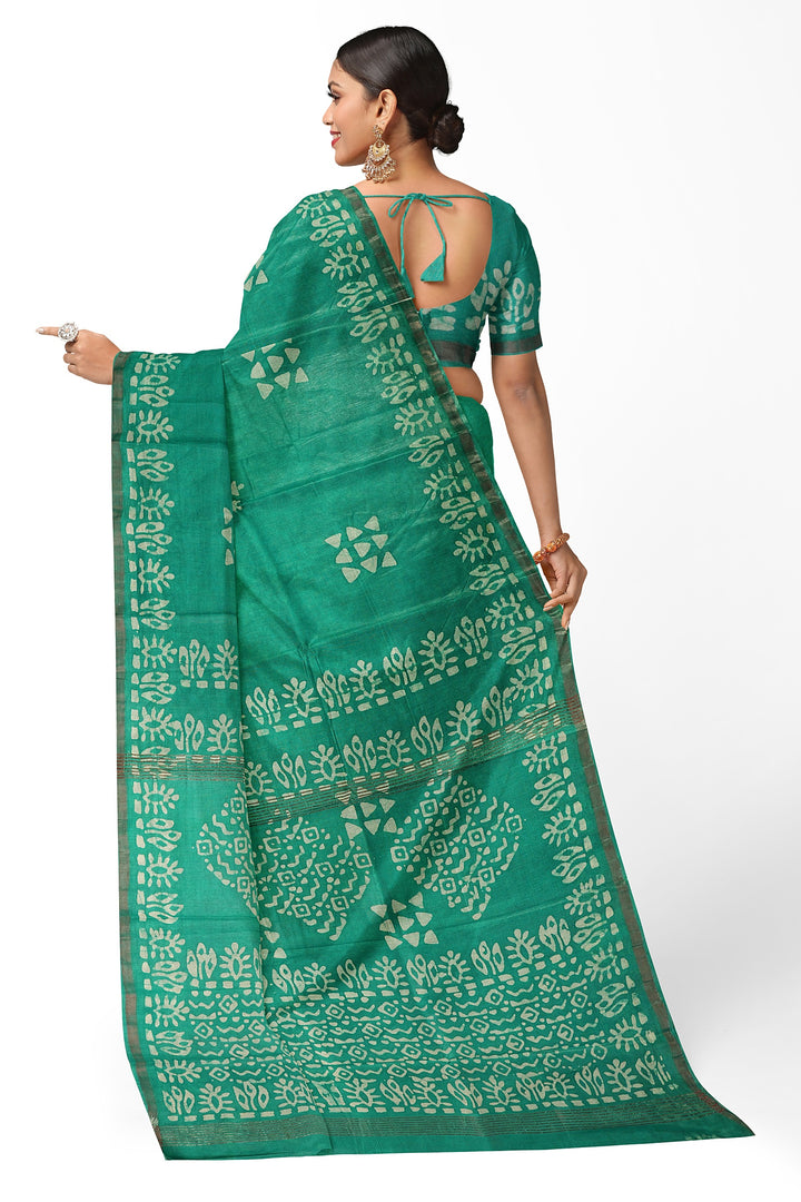 GREEN BLENDED COTTON SADA BANARASI HANDLOOM SAREE - ATHARVA