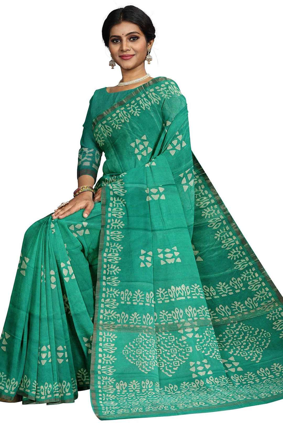 GREEN BLENDED COTTON SADA BANARASI HANDLOOM SAREE - ATHARVA