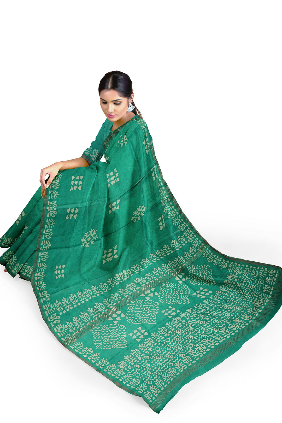 GREEN BLENDED COTTON SADA BANARASI HANDLOOM SAREE - ATHARVA