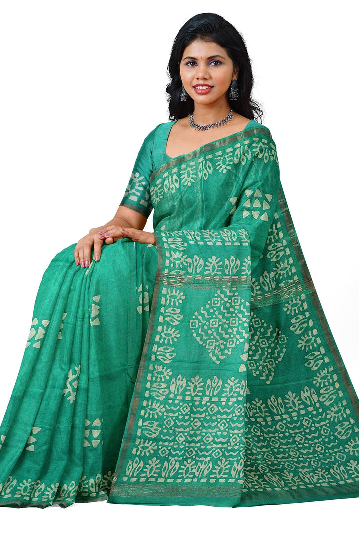 GREEN BLENDED COTTON SADA BANARASI HANDLOOM SAREE - ATHARVA