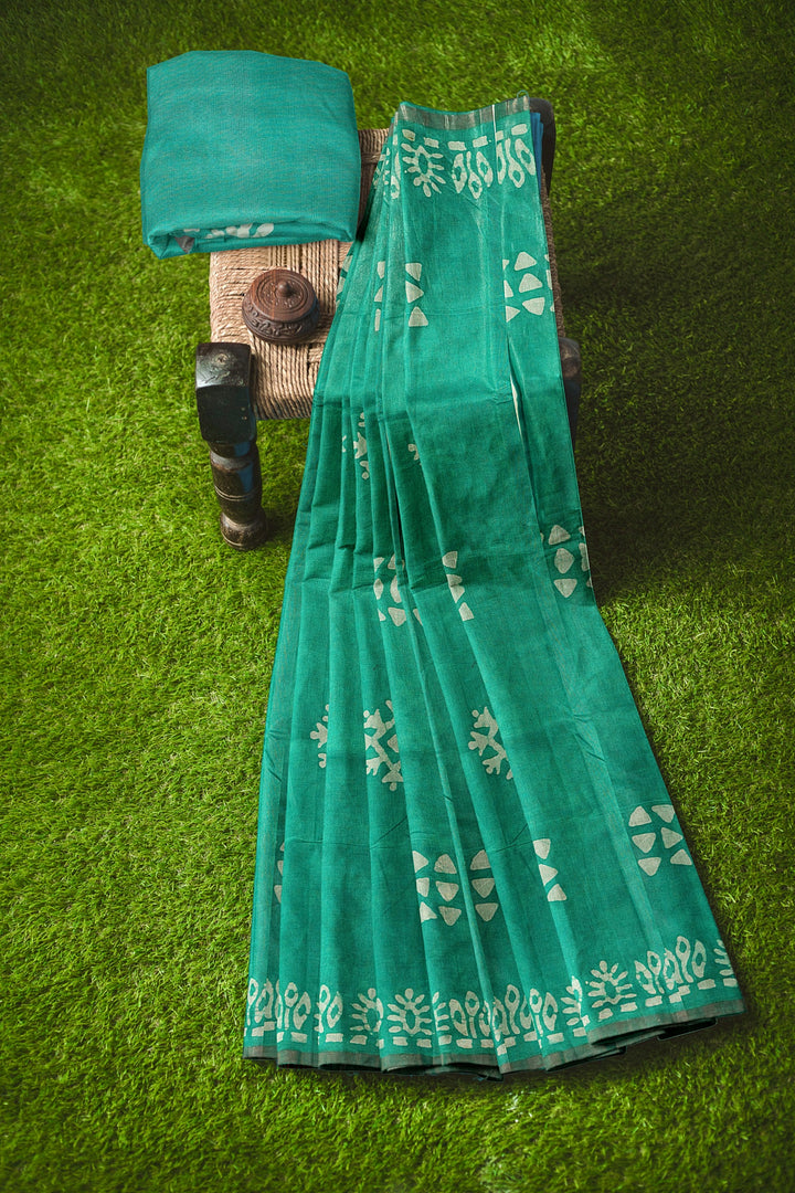 GREEN BLENDED COTTON SADA BANARASI HANDLOOM SAREE - ATHARVA