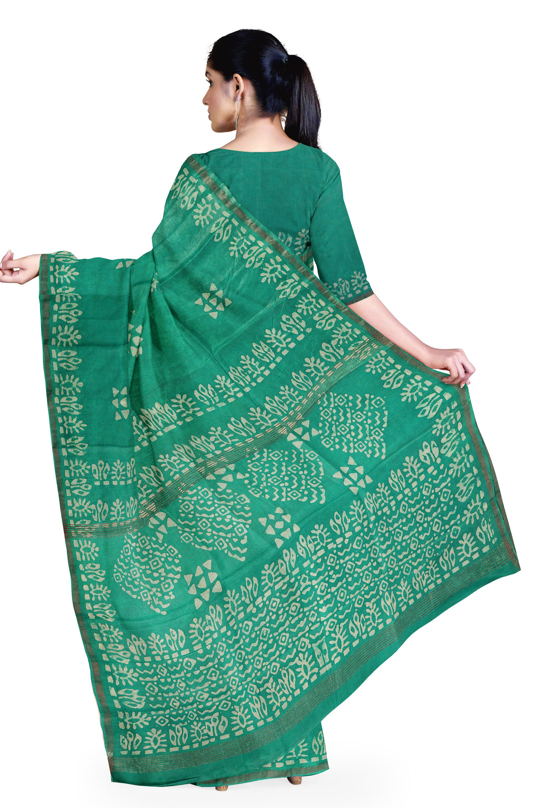 GREEN BLENDED COTTON SADA BANARASI HANDLOOM SAREE - ATHARVA