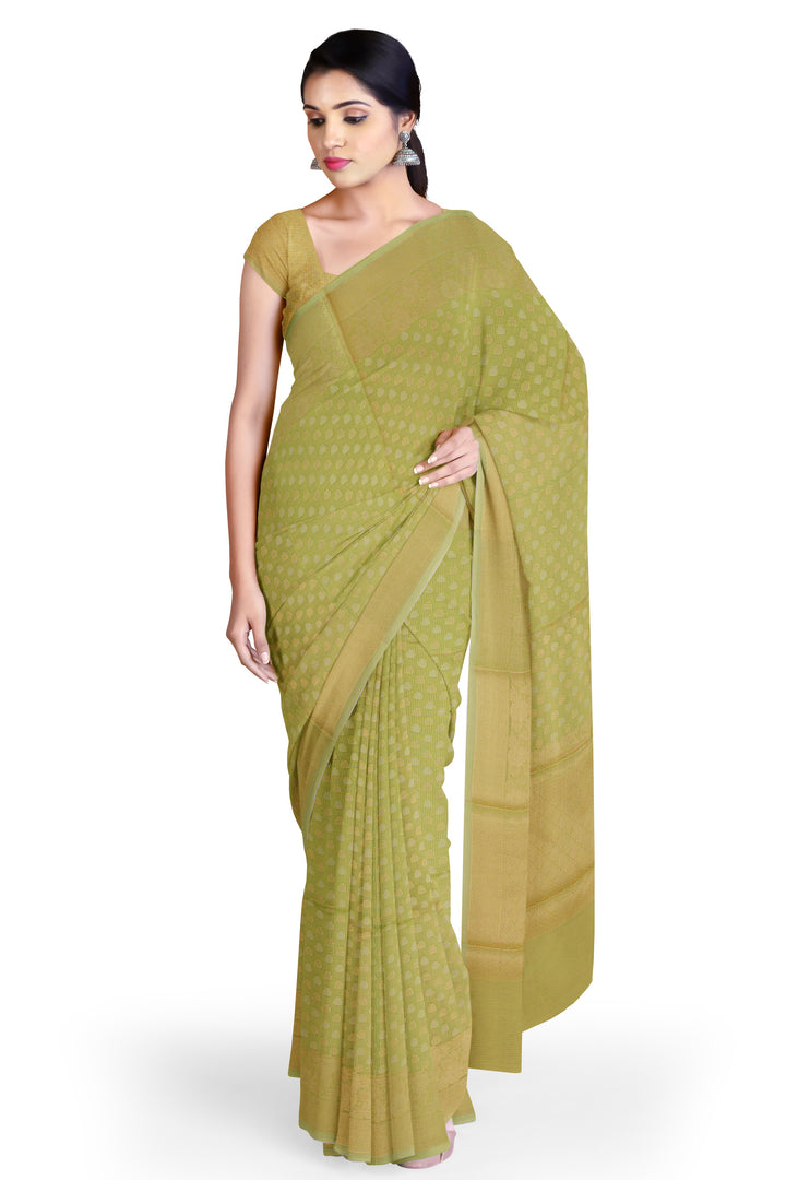 MOSS GREEN COLOUR BLENDED MUGA SILK BANARASI HANDLOOM SAREE