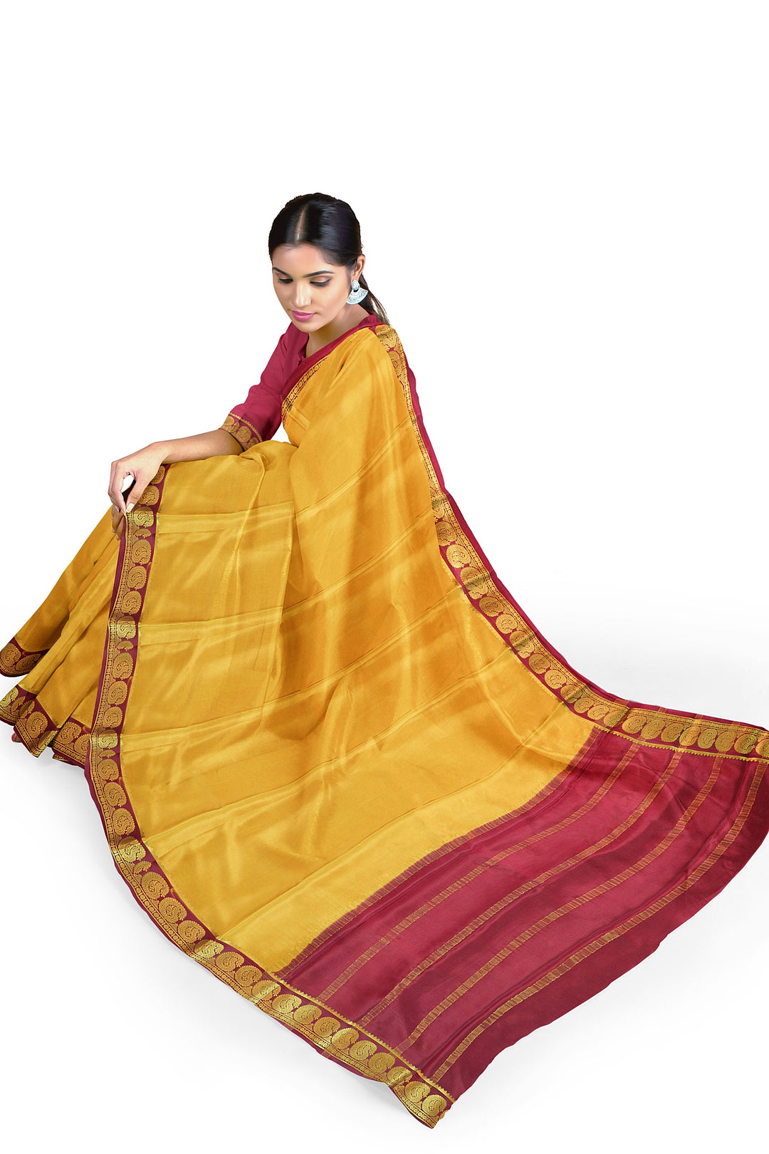 Golden Pure Mysore Crepe Silk Saree | SILK MARK CERTIFIED