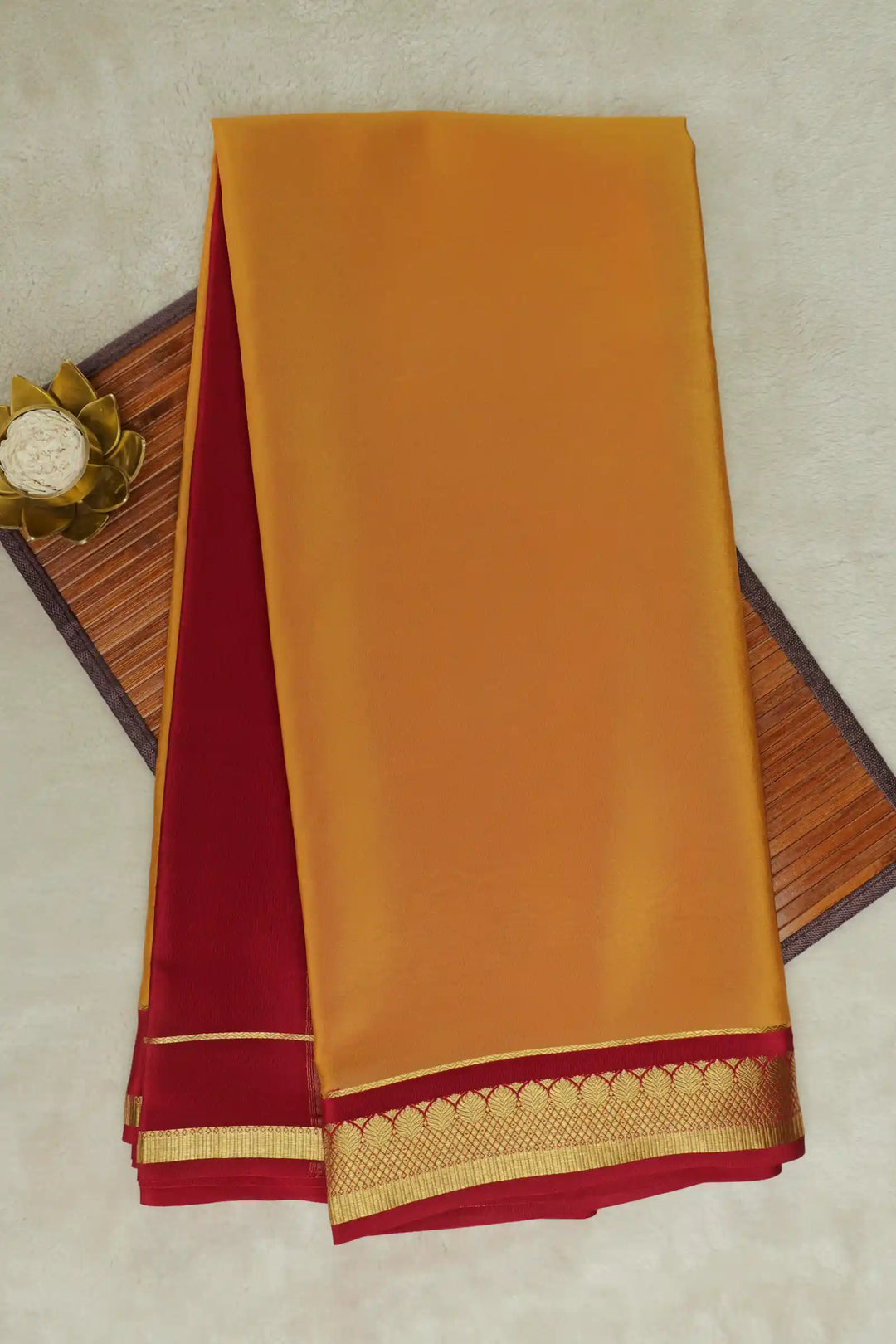 Mustard Yellow Mysore Silk Saree with Maroon Border and Gold Zari Lace