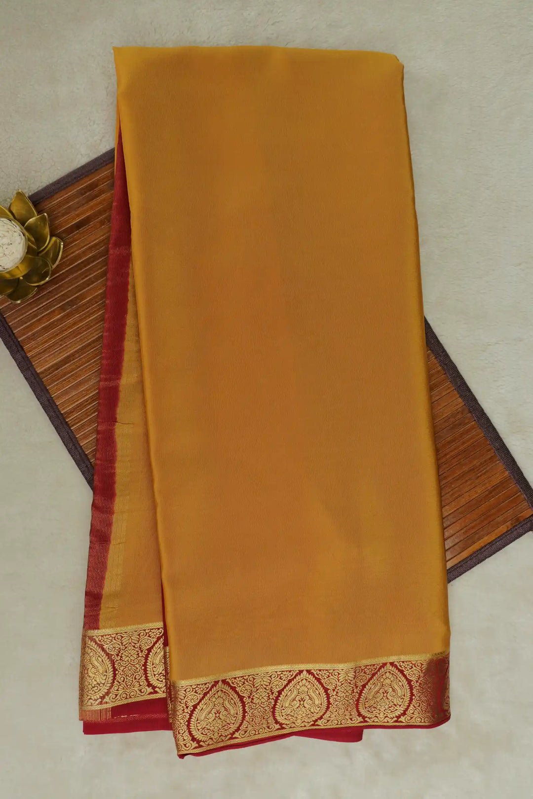 Mustard Yellow Mysore Silk Saree with Maroon Border and Gold patterns