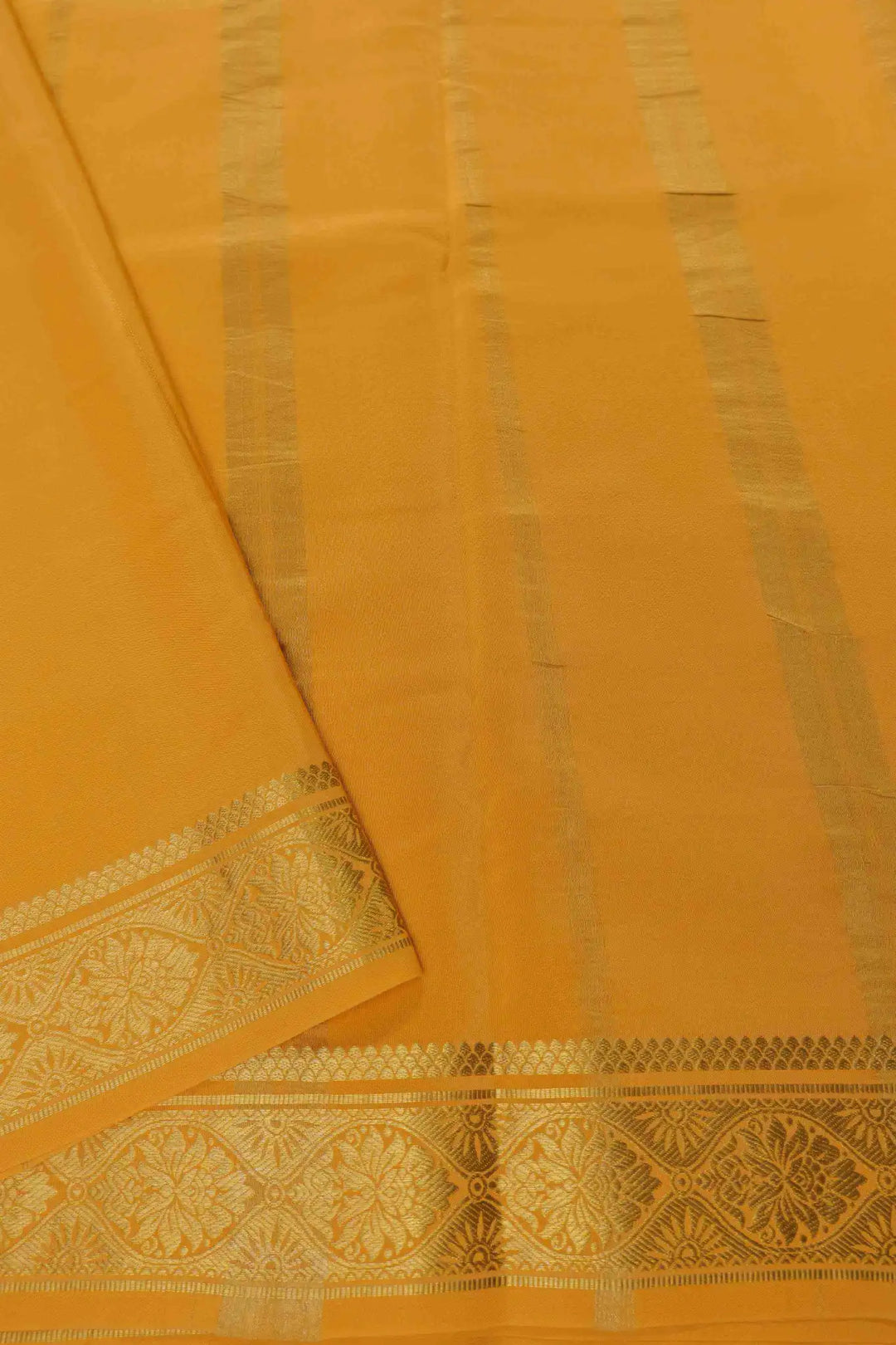 Mustard yellow Mysore Silk Saree with gold border and matching pallu