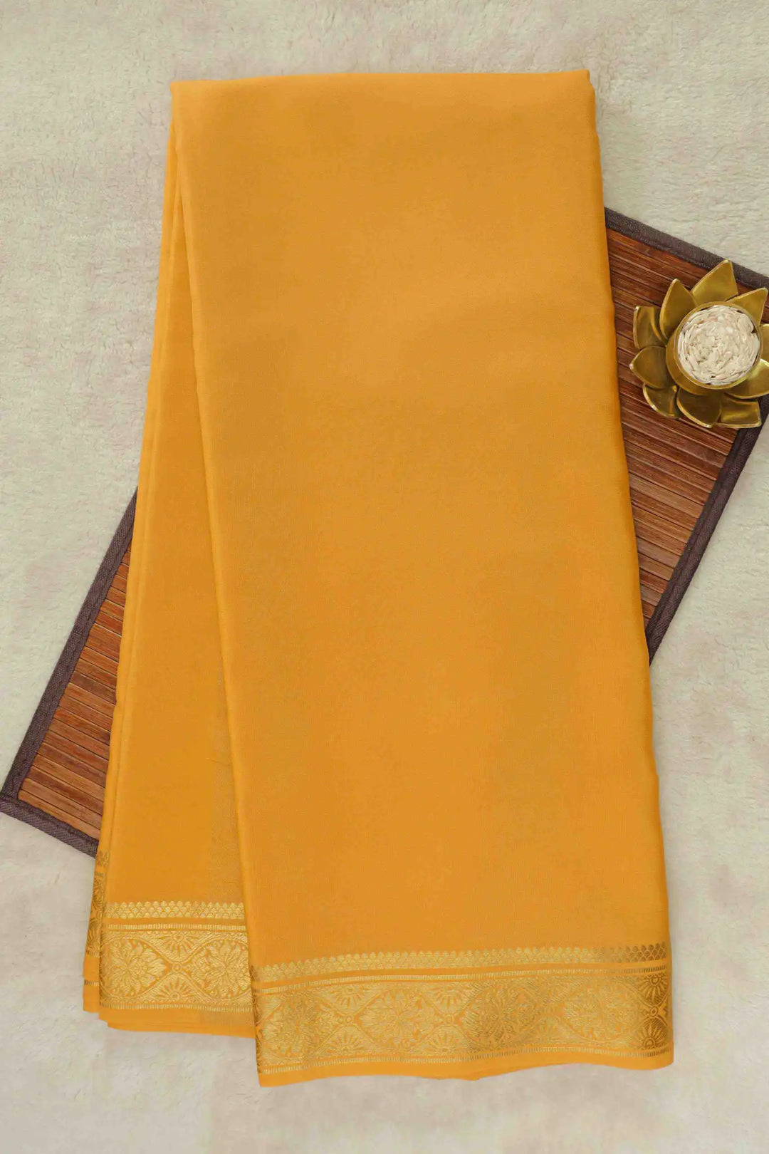 Mustard yellow Mysore Silk Saree with gold zari border
