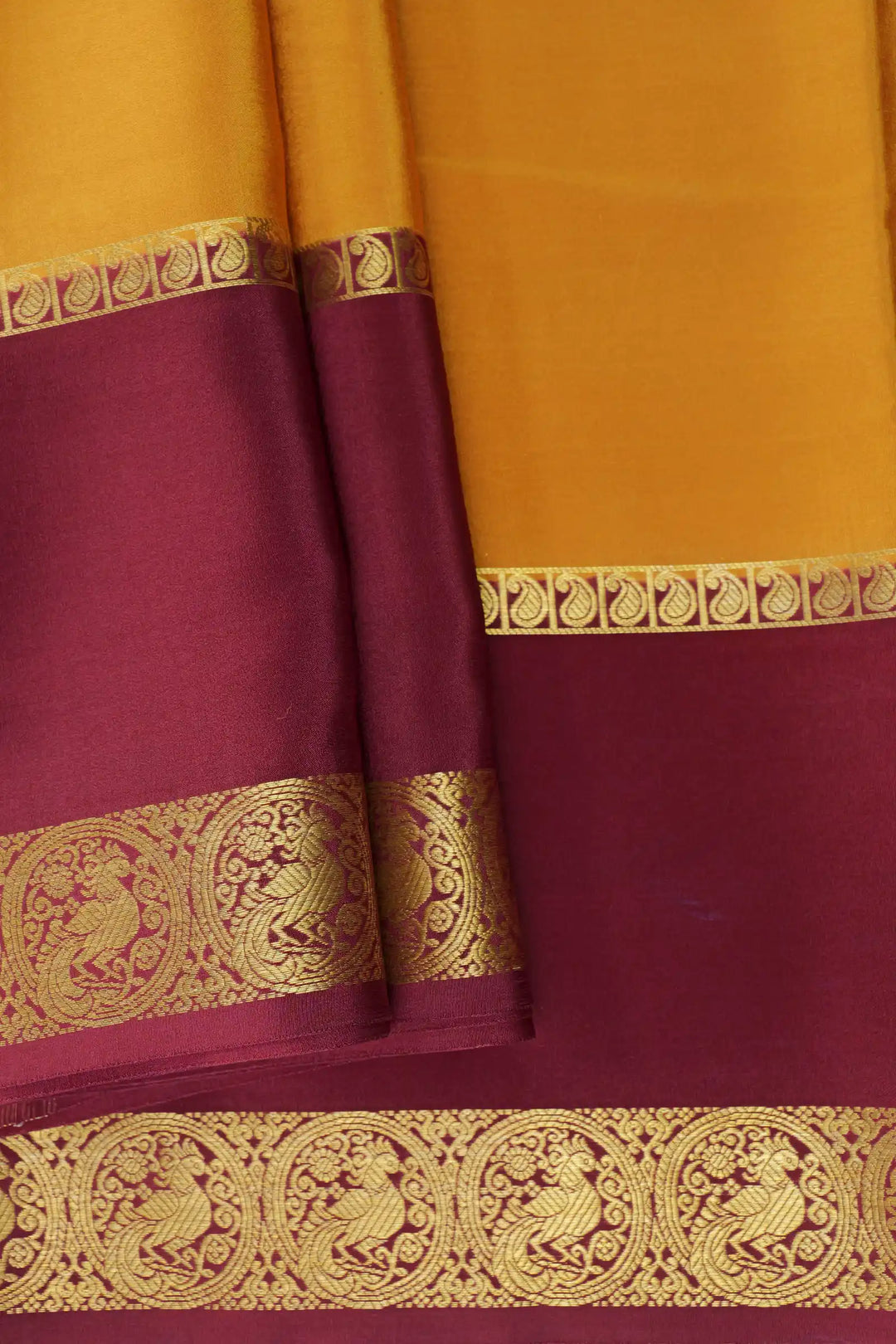 Mustered Mysore Silk Saree with maroon border and peacock design